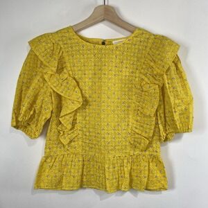 A Loves A Womens Floral Eyelet Ruffle Cottage Boho Yellow Top Size L Zip Back